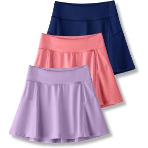 image3 Pack Girls Athletic Skirts with Builtin Shorts and Adjustable Waist Youth Kids Skorts Tennis Golf RunningNavyLavenderPeach Pink