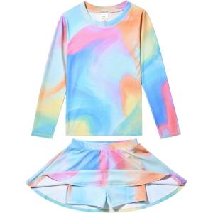 image:imageLiberty Pro 2 Pack Girls Rash Guard Two Piece Bathing Suit Long Sleeve Swimsuit  Toddler Swimwear with Skirts Shorts 3T12YRainbow Mist