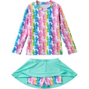 image:imageLiberty Pro 2 Pack Girls Rash Guard Two Piece Bathing Suit Long Sleeve Swimsuit  Toddler Swimwear with Skirts Shorts 3T12YRainbow Unicorns