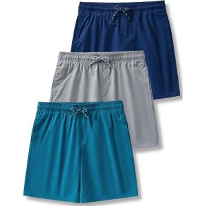image:image3 Pack Mens 8 Chino Walking Shorts Pull On Elastic Waist Drawstring Pockets Casual Lounge HybridTeal BlueLight GrayWashed Navy