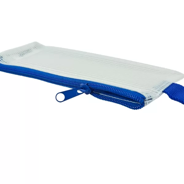 imageSax Mesh Tool Case Pouch for Pencils Pens Markers and School Supplies 3 x 8 inches Clear with Blue Trim Pack of 10