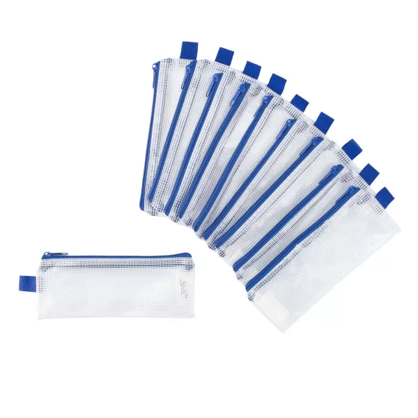 imageSax Mesh Tool Case Pouch for Pencils Pens Markers and School Supplies 3 x 8 inches Clear with Blue Trim Pack of 10