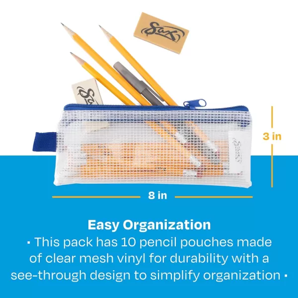 imageSax Mesh Tool Case Pouch for Pencils Pens Markers and School Supplies 3 x 8 inches Clear with Blue Trim Pack of 10