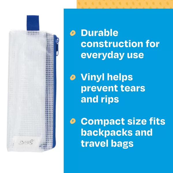 imageSax Mesh Tool Case Pouch for Pencils Pens Markers and School Supplies 3 x 8 inches Clear with Blue Trim Pack of 10