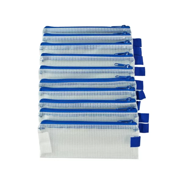 imageSax Mesh Tool Case Pouch for Pencils Pens Markers and School Supplies 3 x 8 inches Clear with Blue Trim Pack of 10