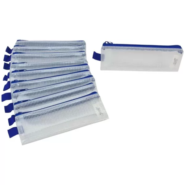 imageSax Mesh Tool Case Pouch for Pencils Pens Markers and School Supplies 3 x 8 inches Clear with Blue Trim Pack of 10