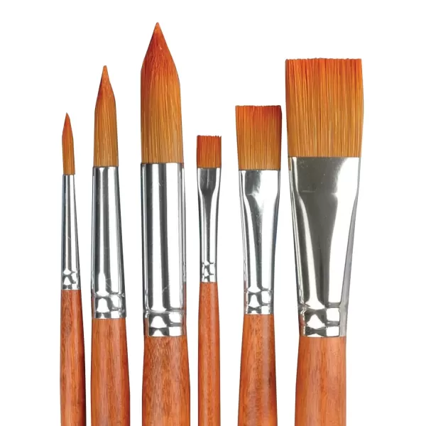 imageSax Copper Acrylic Brushes with Long Wood Handle Round and Bright Sizes 2 6 and 10 Set of 6