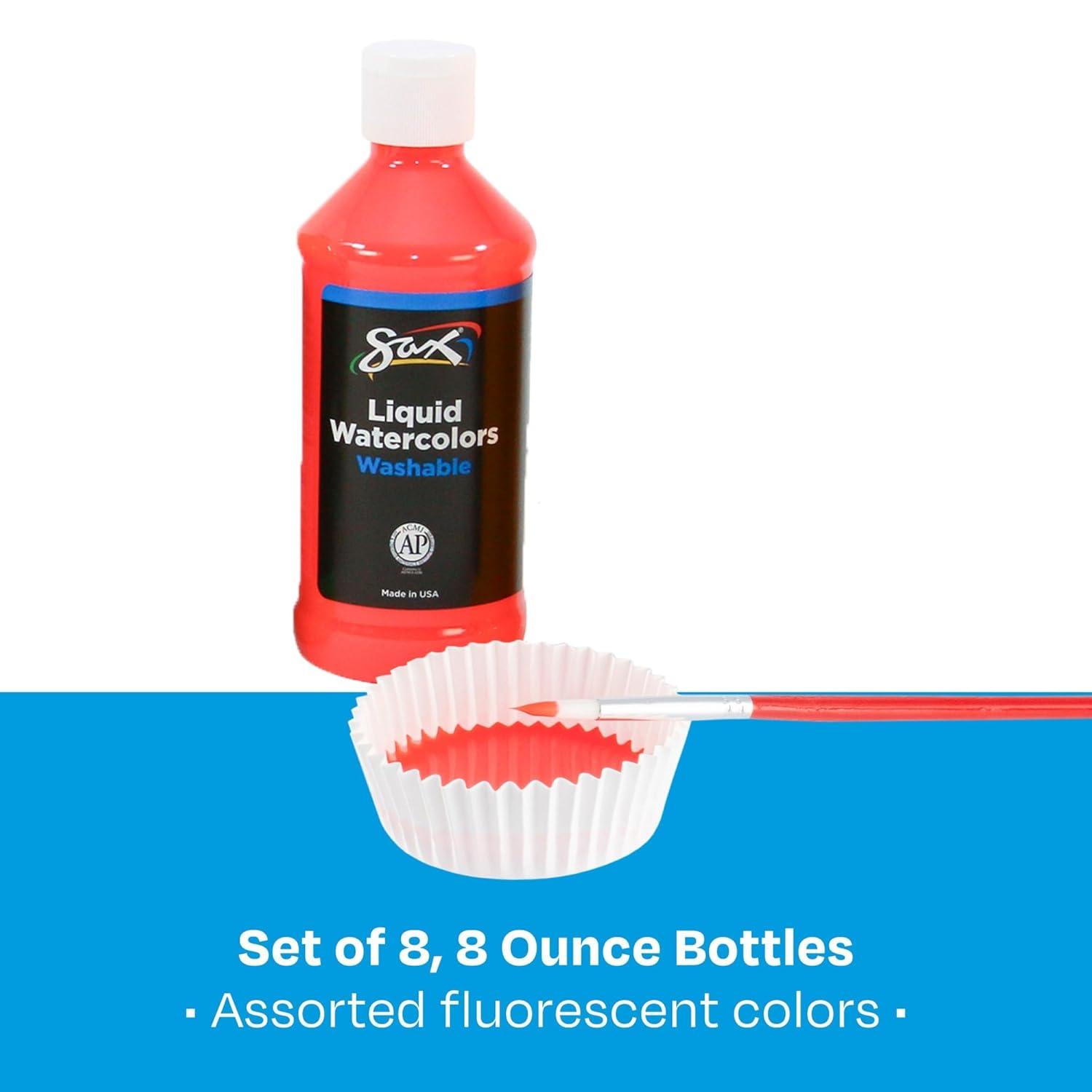 imageSax Liquid Washable Watercolor Paint for School and Arts and Crafts Use Assorted Fluorescent Colors 8 Ounce Bottles Set of 8
