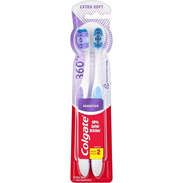 imageColgate 360 Extra Soft Toothbrush for Sensitive Teeth and Gums with Tongue and Cheek Cleaner  2 Count2 Count Pack of 1