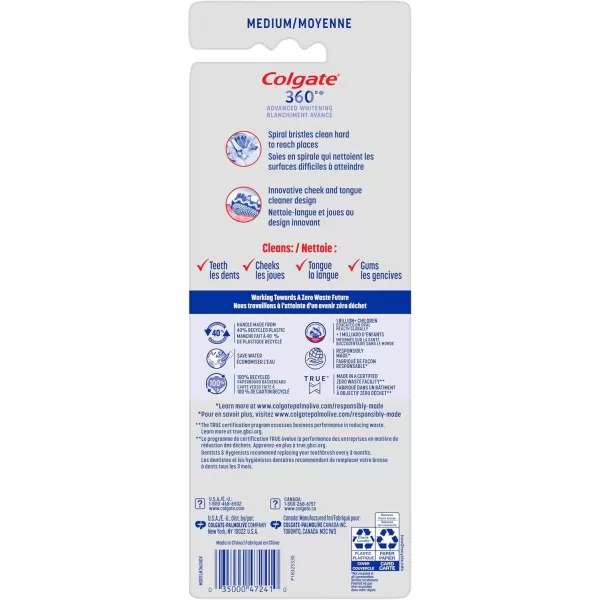 imageColgate 360 Optic White Advanced Whitening Toothbrush Adult Medium Toothbrush with Whitening Cups Helps Whiten Teeth and Removes Odor Causing Bacteria 2 Pack4 Count Pack of 1