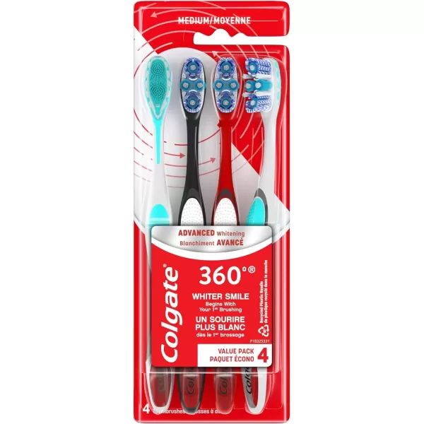 imageColgate 360 Optic White Advanced Whitening Toothbrush Adult Medium Toothbrush with Whitening Cups Helps Whiten Teeth and Removes Odor Causing Bacteria 2 Pack4 Count Pack of 1