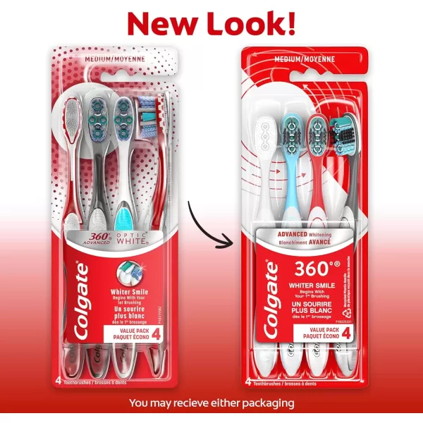 imageColgate 360 Optic White Advanced Whitening Toothbrush Adult Medium Toothbrush with Whitening Cups Helps Whiten Teeth and Removes Odor Causing Bacteria 2 Pack4 Count Pack of 1