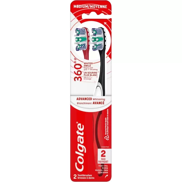 imageColgate 360 Optic White Advanced Whitening Toothbrush Adult Medium Toothbrush with Whitening Cups Helps Whiten Teeth and Removes Odor Causing Bacteria 2 Pack2 Count Pack of 1