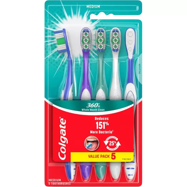 imageColgate 360 Whole Mouth Clean  Medium Toothbrush for Adults 4 Pack Packaging May Vary5 Count Pack of 1