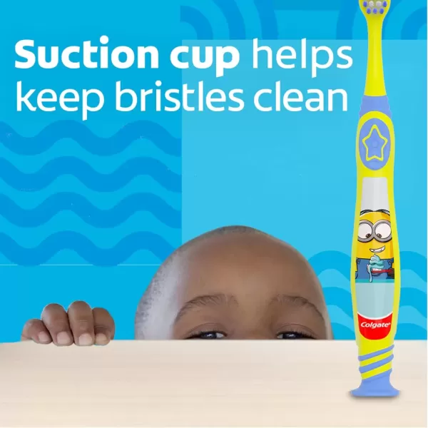 imageColgate Kids Toothbrush Minions With Extra Soft Bristles and Built In Suction Cup Holder 4 Pack2 Count Pack of 2