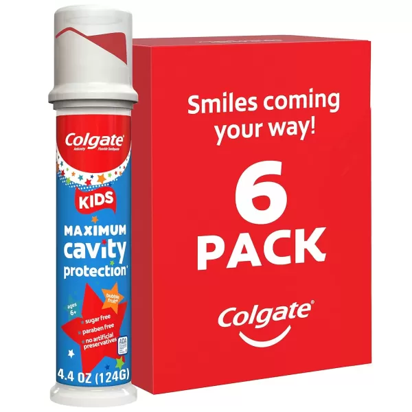 imageColgate Kids Toothpaste Pump with Fluoride Anticavity ampamp Cavity Protection Toothpaste For Ages 6 Mild Bubble Fruit Flavor 44 Ounce 6 Pack
