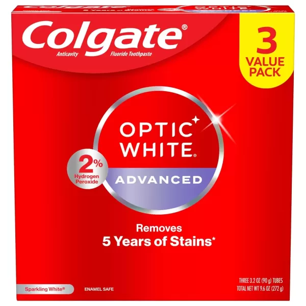 imageColgate Optic White Advanced Hydrogen Peroxide Toothpaste Pack Teeth Whitening Toothpaste EnamelSafe Hydrogen Peroxide Formula Helps Remove Tea Coffee and Wine Stains Icy Fresh 3 Pack 32 oz32 Ounce Pack of 3