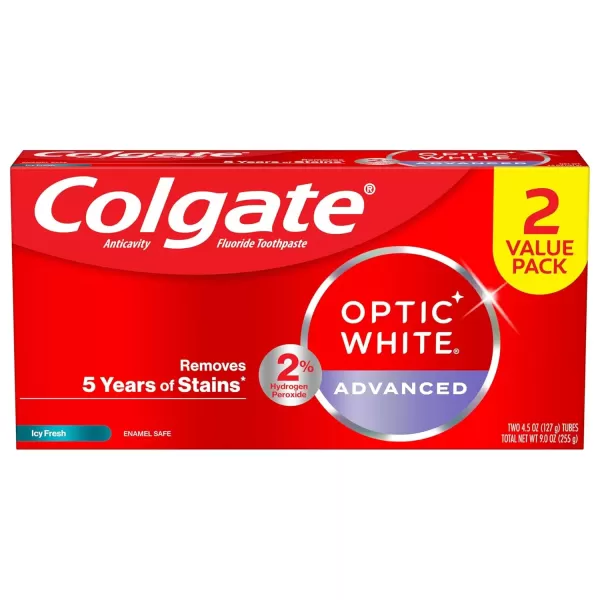 imageColgate Optic White Advanced Hydrogen Peroxide Toothpaste Pack Teeth Whitening Toothpaste EnamelSafe Hydrogen Peroxide Formula Helps Remove Tea Coffee and Wine Stains Icy Fresh 3 Pack 32 oz45 Ounce Pack of 2