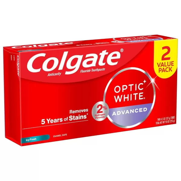 imageColgate Optic White Advanced Hydrogen Peroxide Toothpaste Pack Teeth Whitening Toothpaste EnamelSafe Hydrogen Peroxide Formula Helps Remove Tea Coffee and Wine Stains Icy Fresh 3 Pack 32 oz45 Ounce Pack of 2