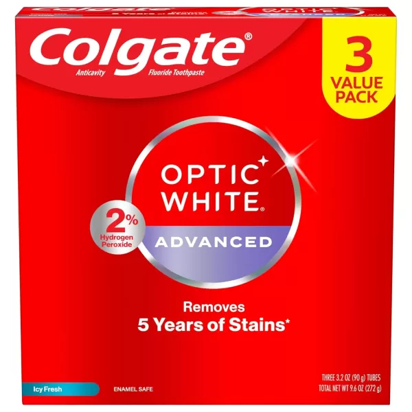 imageColgate Optic White Advanced Hydrogen Peroxide Toothpaste Pack Teeth Whitening Toothpaste EnamelSafe Hydrogen Peroxide Formula Helps Remove Tea Coffee and Wine Stains Icy Fresh 3 Pack 32 oz32 Ounce Pack of 3