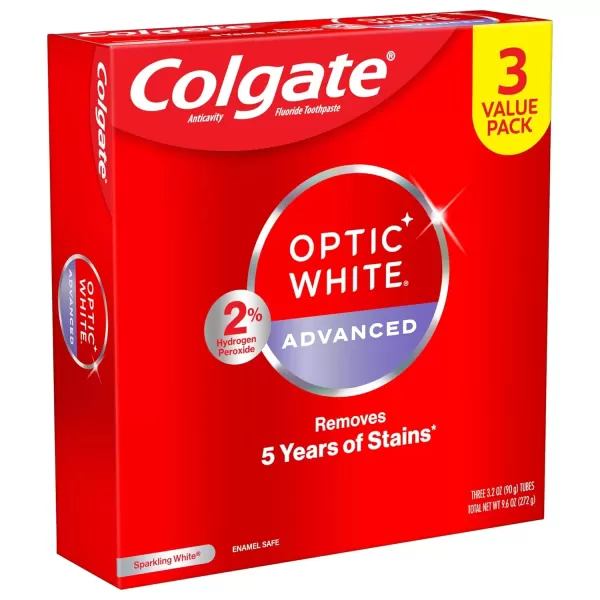 imageColgate Optic White Advanced Hydrogen Peroxide Toothpaste Pack Teeth Whitening Toothpaste EnamelSafe Hydrogen Peroxide Formula Helps Remove Tea Coffee and Wine Stains Icy Fresh 3 Pack 32 oz32 Ounce Pack of 3