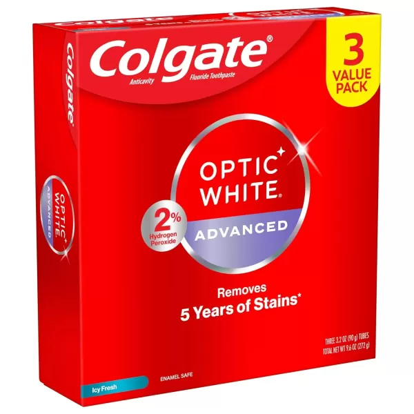 imageColgate Optic White Advanced Hydrogen Peroxide Toothpaste Pack Teeth Whitening Toothpaste EnamelSafe Hydrogen Peroxide Formula Helps Remove Tea Coffee and Wine Stains Icy Fresh 3 Pack 32 oz32 Ounce Pack of 3