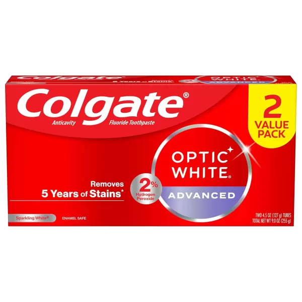 imageColgate Optic White Advanced Hydrogen Peroxide Toothpaste Pack Teeth Whitening Toothpaste EnamelSafe Hydrogen Peroxide Formula Helps Remove Tea Coffee and Wine Stains Icy Fresh 3 Pack 32 oz45 Ounce Pack of 2