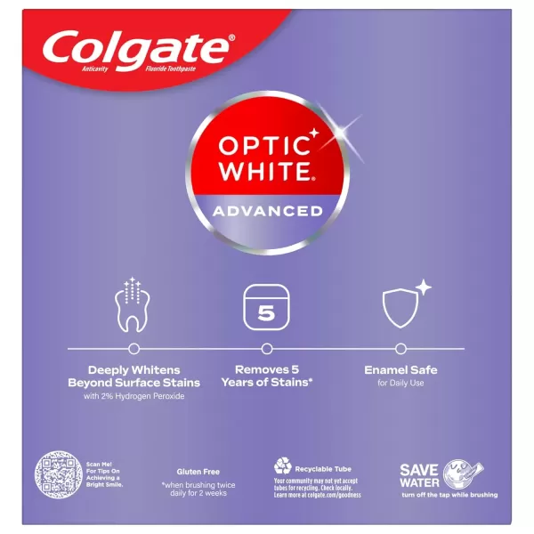 imageColgate Optic White Advanced Hydrogen Peroxide Toothpaste Pack Teeth Whitening Toothpaste EnamelSafe Hydrogen Peroxide Formula Helps Remove Tea Coffee and Wine Stains Icy Fresh 3 Pack 32 oz32 Ounce Pack of 3