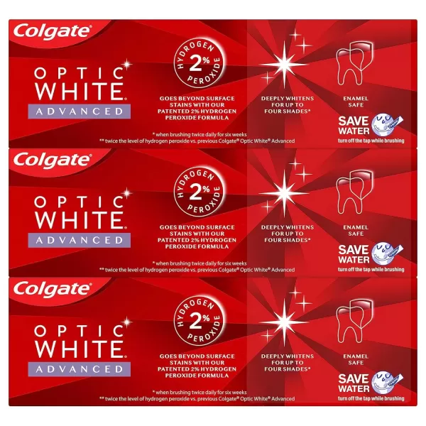 imageColgate Optic White Advanced Teeth Whitening Toothpaste Vibrant Clean 32 Ounce Tube 3 Pack