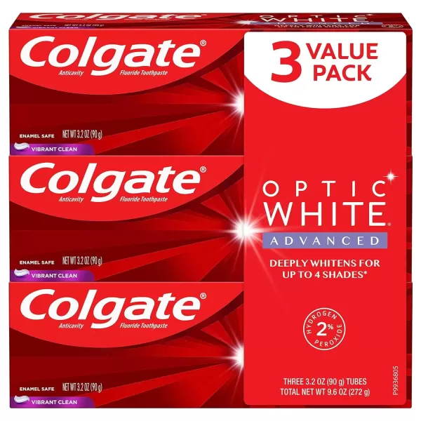 imageColgate Optic White Advanced Teeth Whitening Toothpaste Vibrant Clean 32 Ounce Tube 3 Pack
