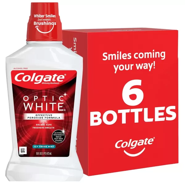 imageColgate Optic White Whitening Mouthwash with Hydrogen Peroxide Alcohol Free Icy Fresh Mint  32 fluid ounces 6 Pack169 Fl Oz Pack of 6