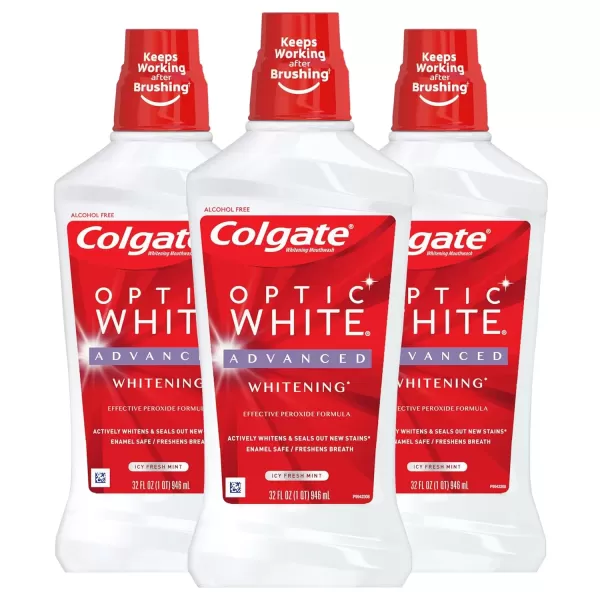 imageColgate Optic White Whitening Mouthwash with Hydrogen Peroxide Alcohol Free Icy Fresh Mint  32 fluid ounces 6 Pack32 Fl Oz Pack of 3