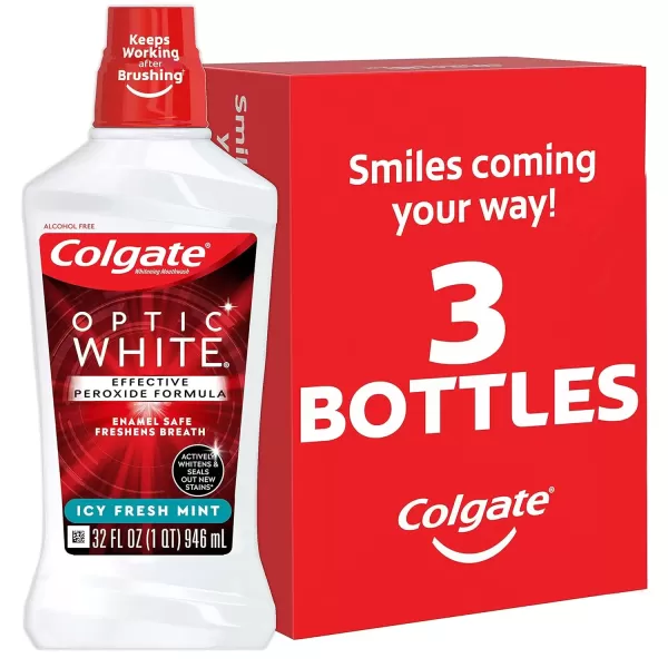 imageColgate Optic White Whitening Mouthwash with Hydrogen Peroxide Alcohol Free Icy Fresh Mint  32 fluid ounces 6 Pack32 Fl Oz Pack of 3