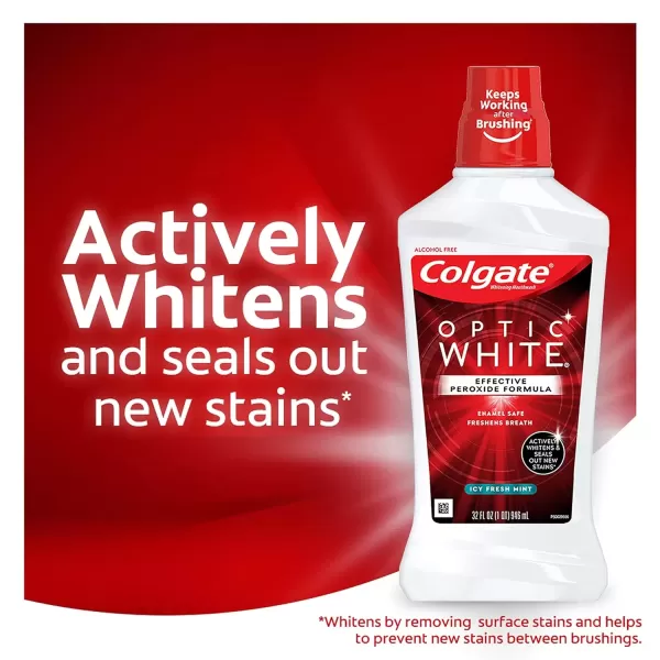 imageColgate Optic White Whitening Mouthwash with Hydrogen Peroxide Alcohol Free Icy Fresh Mint  32 fluid ounces 6 Pack32 Fl Oz Pack of 3