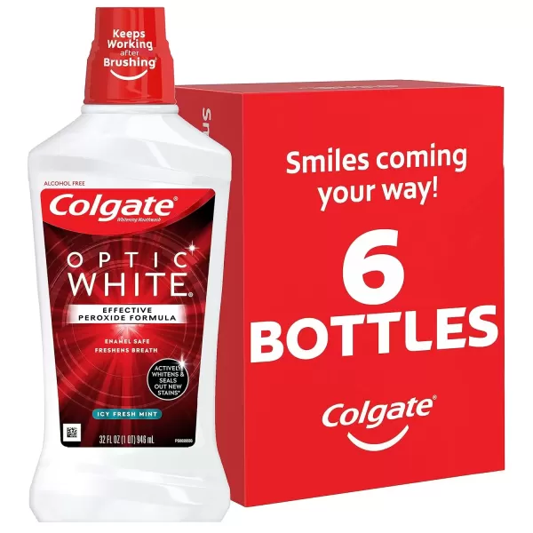 imageColgate Optic White Whitening Mouthwash with Hydrogen Peroxide Alcohol Free Icy Fresh Mint  32 fluid ounces 6 Pack32 Fl Oz Pack of 6
