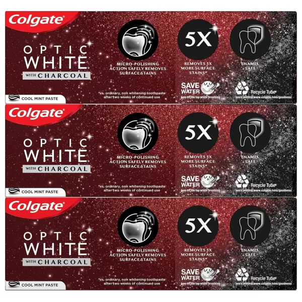 imageColgate Optic White with Charcoal Whitening Toothpaste Cool Mint Flavor Safely Removes Surface Stains EnamelSafe for Daily Use Teeth Whitening Toothpaste with Fluoride 3 Pack 42 Oz Tube
