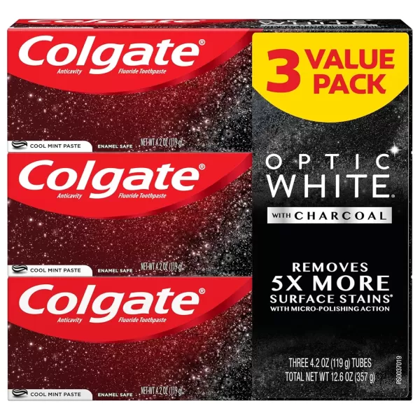 imageColgate Optic White with Charcoal Whitening Toothpaste Cool Mint Flavor Safely Removes Surface Stains EnamelSafe for Daily Use Teeth Whitening Toothpaste with Fluoride 3 Pack 42 Oz Tube