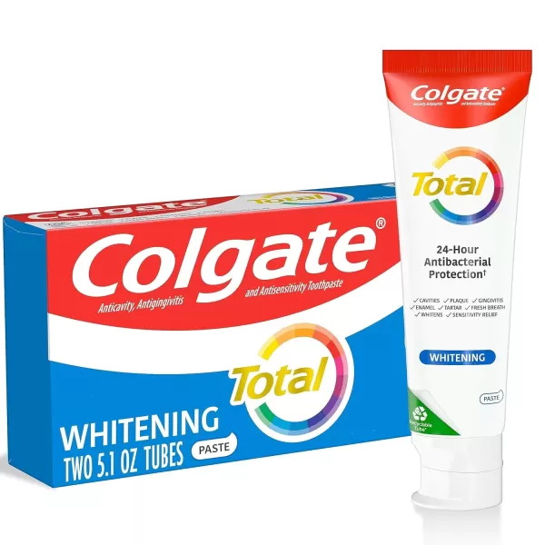 imageColgate Total Whitening Toothpaste with Fluoride 10 Benefits Including Sensitivity Relief and Stain Removal Mint 51 ounces 4 Pack51 Ounce Pack of 2