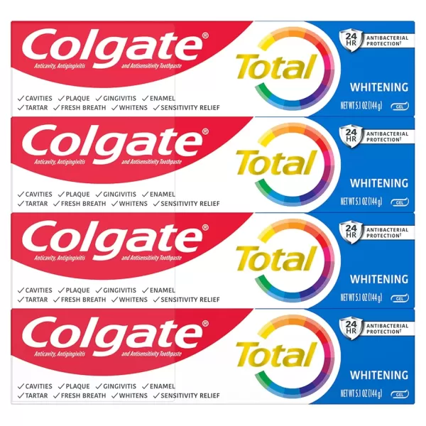 imageColgate Total Whitening Toothpaste with Fluoride 10 Benefits Including Sensitivity Relief and Stain Removal Mint 51 ounces 4 Pack51 Ounce Pack of 4