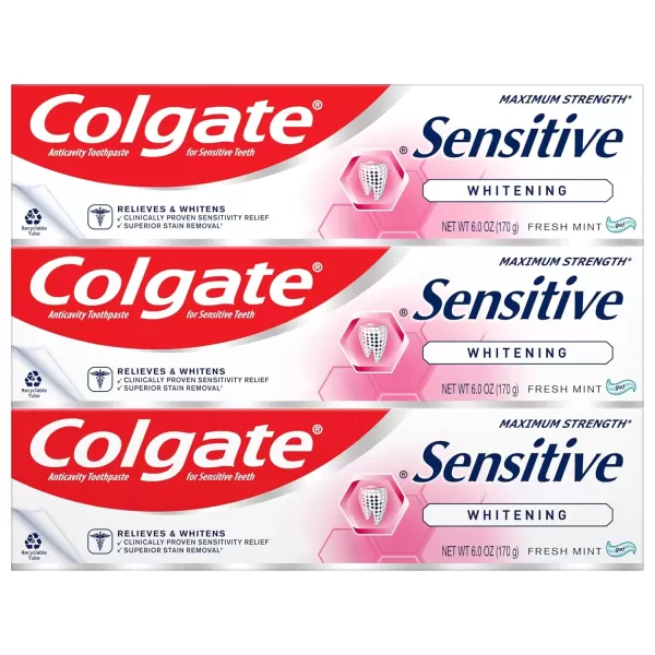 imageColgate Whitening Toothpaste for Sensitive Teeth Enamel Repair and Cavity Protection Fresh Mint Gel 6 Oz Pack of 36 Ounce Pack of 3