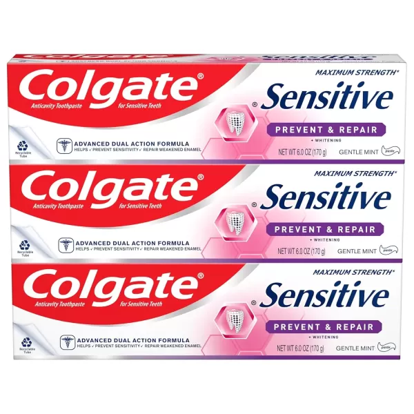imageColgate Whitening Toothpaste for Sensitive Teeth Enamel Repair and Cavity Protection Fresh Mint Gel 6 Oz Pack of 36 Ounce Pack of 3