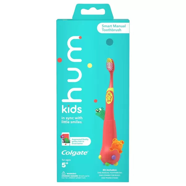 imageColgate hum Smart Manual Kids Toothbrush hum Kids Toothbrush With Phone Stand App Makes Brushing Fun ChildSize Brush Head With Extra Soft Bristles CoralCoral