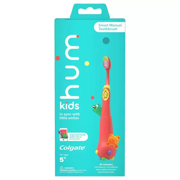 imageColgate hum Smart Manual Kids Toothbrush hum Kids Toothbrush With Phone Stand App Makes Brushing Fun ChildSize Brush Head With Extra Soft Bristles CoralCoral