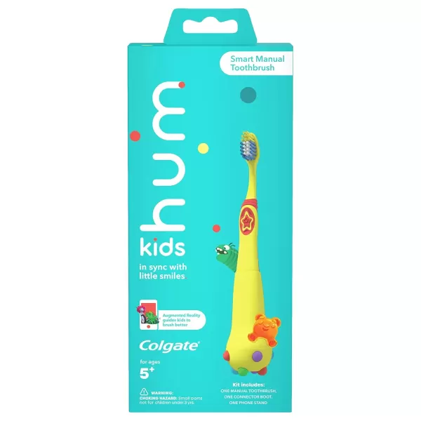 imageColgate hum Smart Manual Kids Toothbrush hum Kids Toothbrush With Phone Stand App Makes Brushing Fun ChildSize Brush Head With Extra Soft Bristles CoralYellow