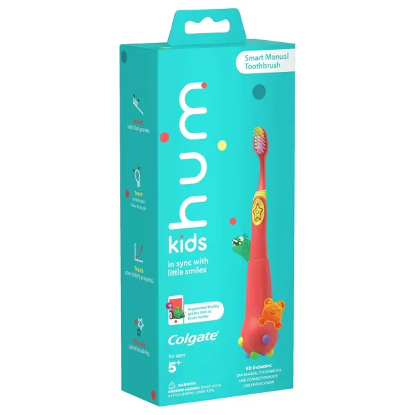 imageColgate hum Smart Manual Kids Toothbrush hum Kids Toothbrush With Phone Stand App Makes Brushing Fun ChildSize Brush Head With Extra Soft Bristles CoralCoral