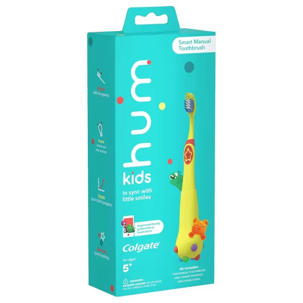imageColgate hum Smart Manual Kids Toothbrush hum Kids Toothbrush With Phone Stand App Makes Brushing Fun ChildSize Brush Head With Extra Soft Bristles CoralYellow