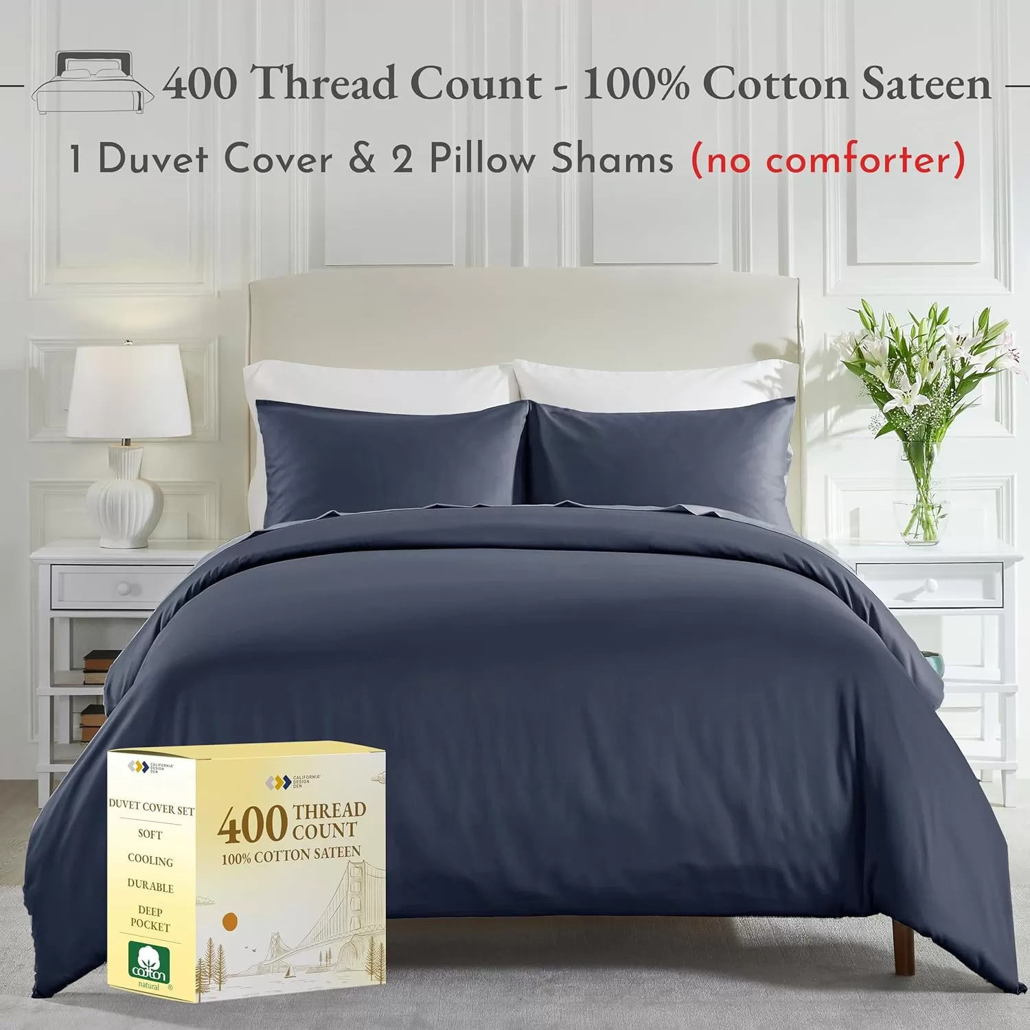 imageCalifornia Design Den Bulk Pack of 8 Queen Duvet Cover Sets  400 Thread Count 100 Cotton Sateen Case Includes 8 Duvet Covers and 16 Pillow Shams White04 Indigo Dusty Blue