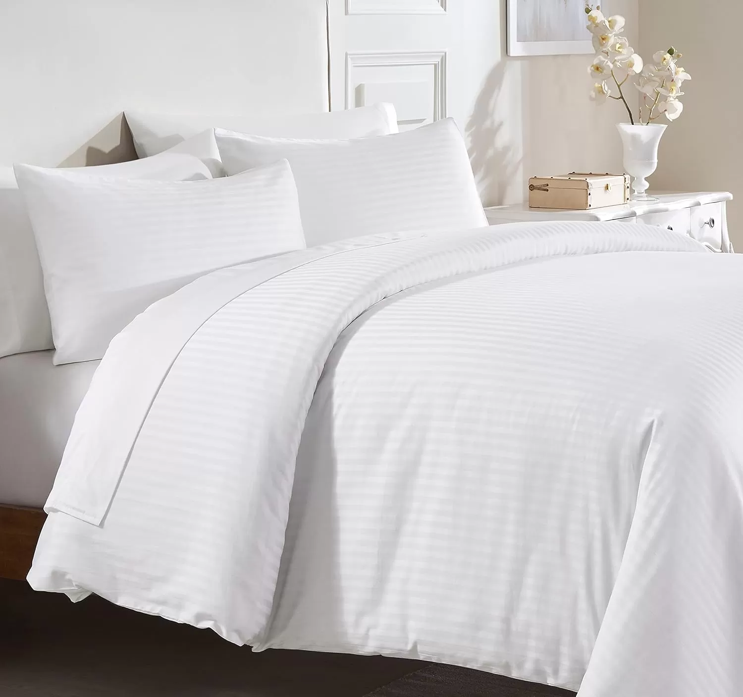 imageCalifornia Design Den Bulk Pack of 8 Queen Duvet Cover Sets  400 Thread Count 100 Cotton Sateen Case Includes 8 Duvet Covers and 16 Pillow Shams White08 Striped White