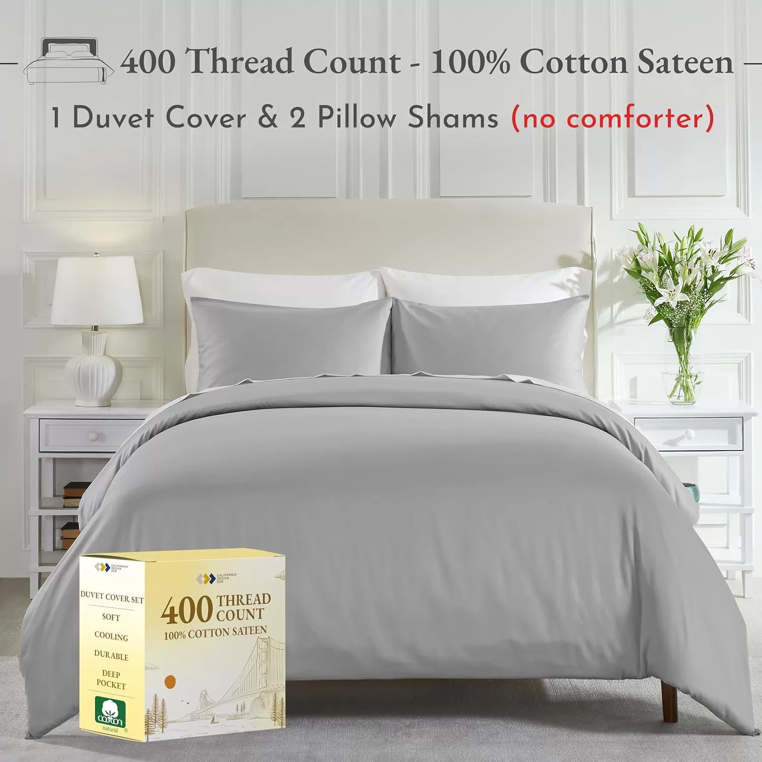 imageCalifornia Design Den Bulk Pack of 8 Queen Duvet Cover Sets  400 Thread Count 100 Cotton Sateen Case Includes 8 Duvet Covers and 16 Pillow Shams White03 Light Grey