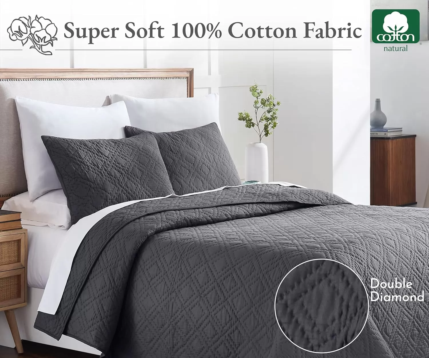 imageCalifornia Design Den HandQuilted Quilt Twin Size 100 Cotton Fabric 2 Piece Ivory Quilt Twin Set All Season Lightweight PreSoftened Diamond Pattern Creamy IvoryCharcoal